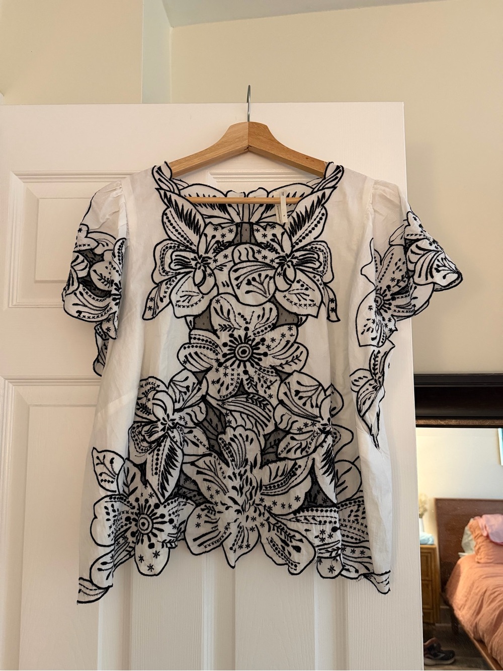 Embroidered Floral White Women's Top with Black Detailing